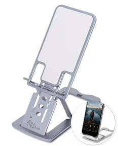 Suporte de celular em alumínio, moderno e elegante, ideal para manter seu telefone móvel conectado e visível em seu ambiente