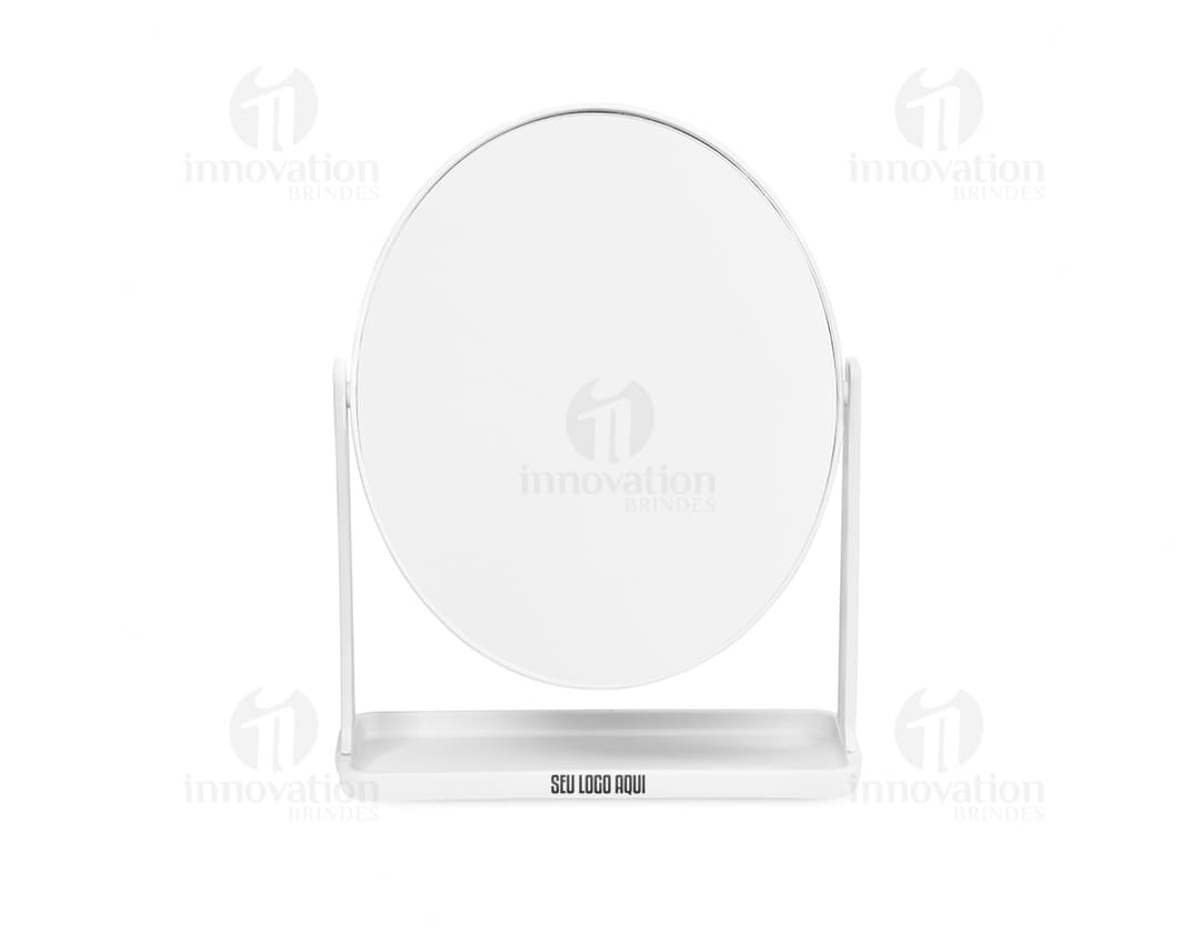 Espelho de Mesa Plástico em design moderno e digital. Feito em plástico, com borda preta e acabamento prateado. Elemento de