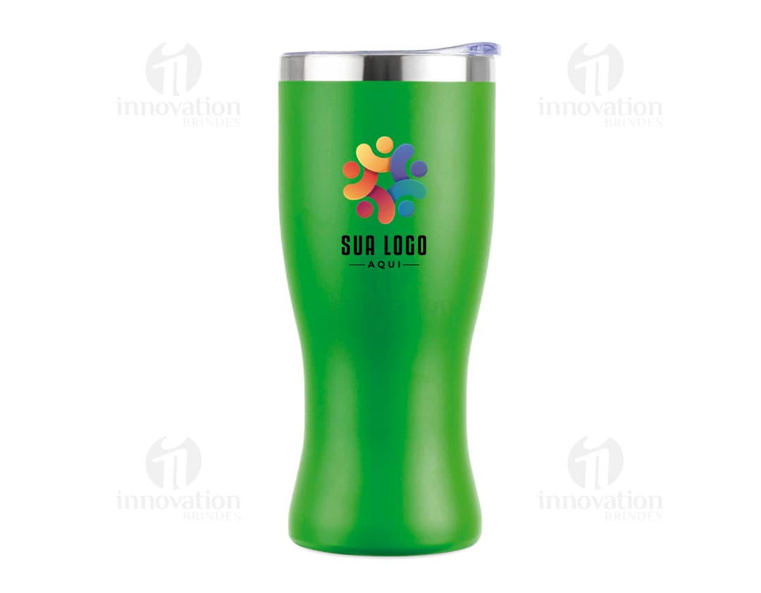 Copo térmico de 480ml, ideal para manter bebidas quentes ou geladas. Possui design transparente, pote de lager, bar, fresco