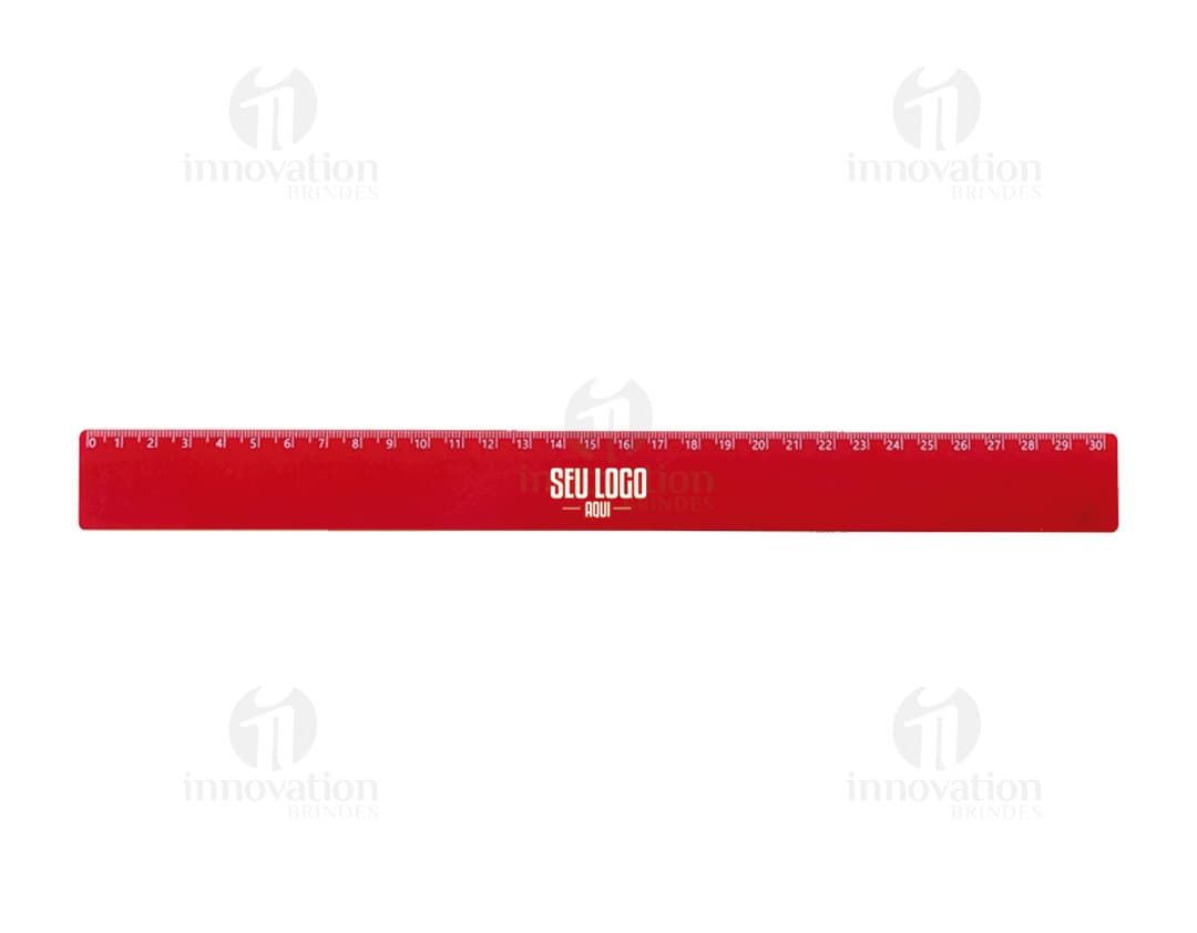 Régua plástica de 30cm colorida com elementos gráficos e design moderno, com listras coloridas em tons de amarelo, laranja
