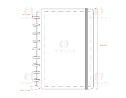 Caderno de Disco em branco com capa listrada amarela e textura de couro aberto em cima de uma pilha de papéis e notas, com um