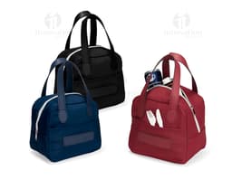 Bolsa térmica de 6 litros em couro marrom, elegante e moderna, com alça ajustável, zíper moderno, bolsos para armazenamento