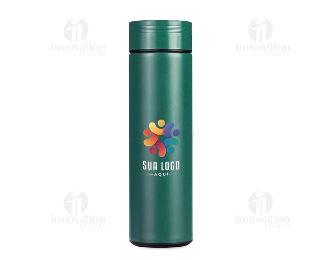 Garrafa térmica de 480ml em metal prateado, objeto de higiene e cuidados pessoais. Elegante e brilhante, ideal para armazenar