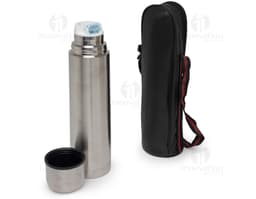 Garrafa térmica de 750ml em metal prateado, com tampa e design vertical. A garrafa está vazia e possui um rótulo preto.
