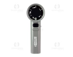 Mini ventilador recarregável em metal prateado, com design elegante e ajustável. Perfeito para uso doméstico ou em viagens