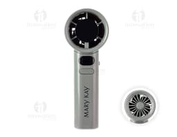 Mini ventilador recarregável em metal prateado, com design elegante e ajustável. Perfeito para uso doméstico ou em viagens