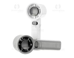 Mini ventilador recarregável em metal prateado, com design elegante e ajustável. Perfeito para uso doméstico ou em viagens