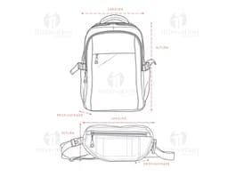 Mochila e pochete em couro preto, ideais para viagens, negócios e lazer. O homem de terno segura a alça da mochila enquanto