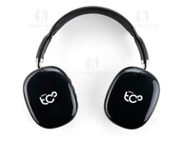 Fone de ouvido Bluetooth com design moderno, em metal e plástico preto. Equipamento de tecnologia avançada para ouvir música