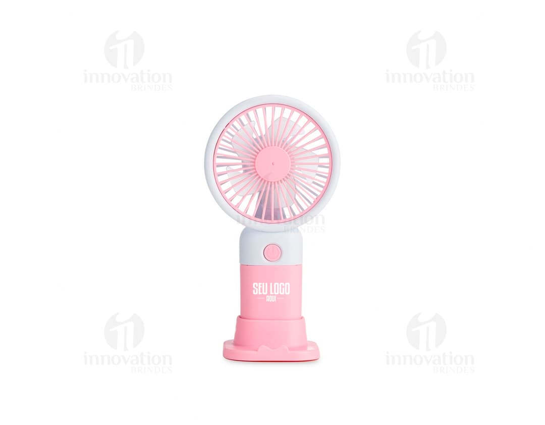 Mini ventilador recarregável de design moderno, feito de metal e plástico na cor preta. Possui hélices brilhantes e funciona