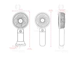 Mini ventilador recarregável de design moderno, feito de metal e plástico na cor preta. Possui hélices brilhantes e funciona