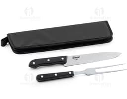 Kit churrasco completo em aço inoxidável, ideal para churrascos em casa ou no trabalho. Inclui faca, garfo, espeto e