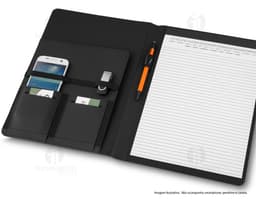 Pasta executiva preta com bloco de papel e suporte para notebook e drive externo, equipamento de escritório moderno e prático