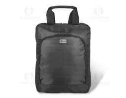 Mochila em couro marrom com divisória para notebook de 15 polegadas, alça de mão, zíper, moderna e elegante.