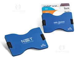 Porta cartões de alumínio com bloqueio elástico em um design moderno e colorido. O objeto possui um símbolo de negócio e um