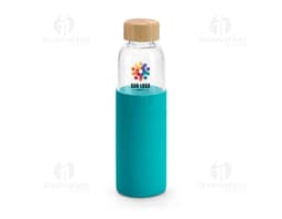 Squeez de vidro com tampa de bambu e revestimento de silicone, capacidade de 600ml.
