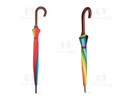 Guarda-chuva com pega de madeira em um design colorido e moderno, representando proteção contra a chuva. O padrão em