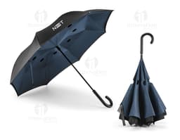 Guarda-chuva reversível preto e laranja, elegante e seguro para dias chuvosos. Proteja-se com estilo e sofisticação neste