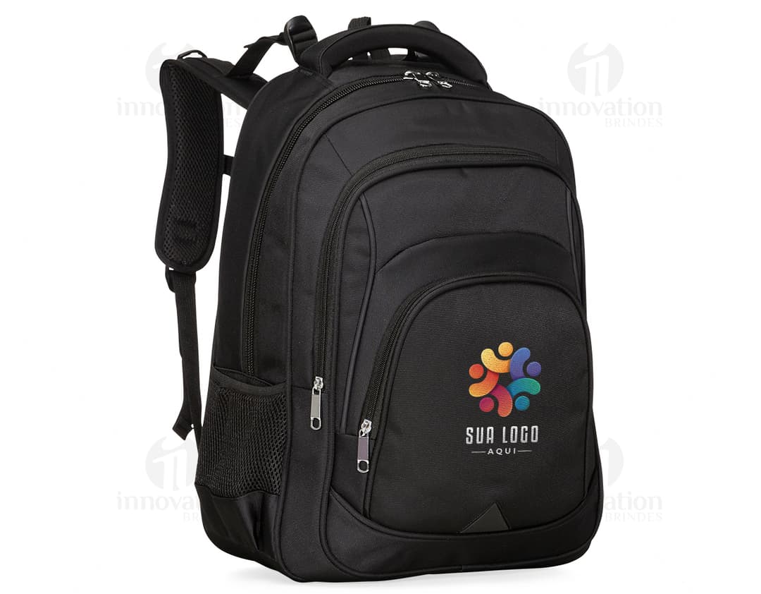 Mochila de poliéster preta, moderna e elegante, com alça, zíper, bolsos e compartimentos de armazenamento. Ideal para