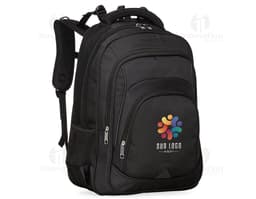 Mochila de poliéster preta, moderna e elegante, com alça, zíper, bolsos e compartimentos de armazenamento. Ideal para