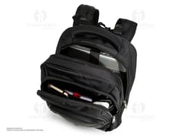 Mochila de poliéster preta, moderna e elegante, com alça, zíper, bolsos e compartimentos de armazenamento. Ideal para