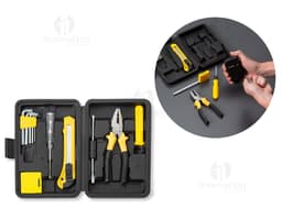 Kit de ferramentas 11 peças em case de couro sintético moderno e portátil. Equipamento de alta tecnologia e segurança para