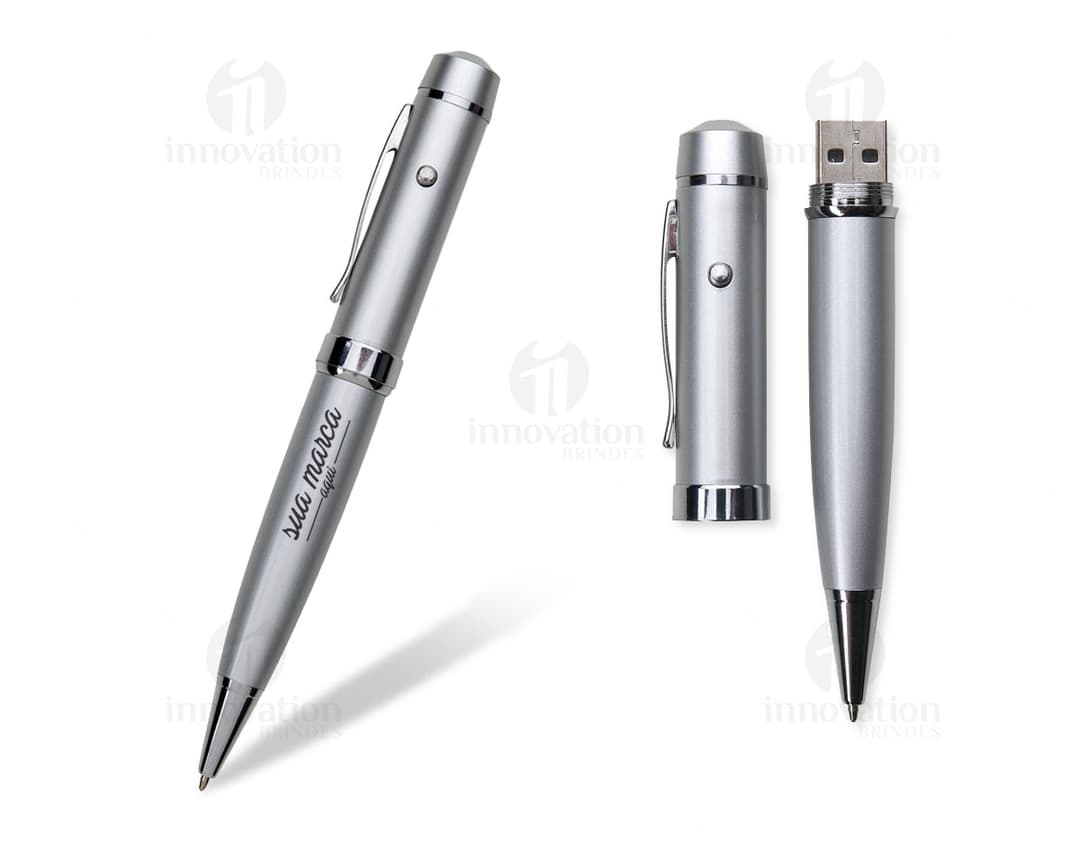 Caneta Pen Drive 8GB cromada, perfeita para escrita e armazenamento de dados. Ideal para uso no escritório ou na escola. Um