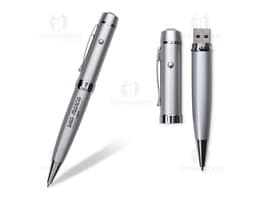 Caneta Pen Drive 8GB cromada e metálica, perfeita para escrita e armazenamento de arquivos. Ideal para escritório e estudos.