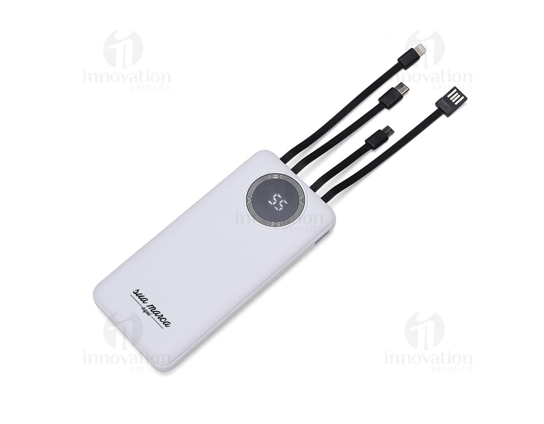 Carregador portátil de 10.000mAh com display, dispositivo eletrônico de metal preto e prateado, equipamento de tecnologia
