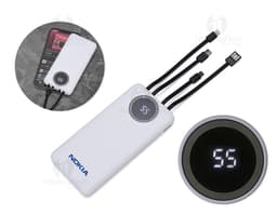 Carregador portátil de 10.000mAh com display, dispositivo eletrônico de metal preto e prateado, equipamento de tecnologia