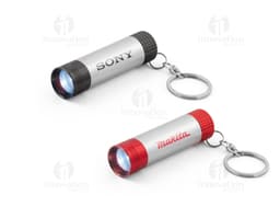 Lanterna LED com chaveiro, dispositivo de metal brilhante e colorido.
