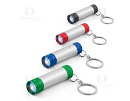 Lanterna LED com chaveiro, dispositivo de metal brilhante e colorido.