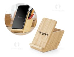 Carregador portátil de madeira, ideal para manter seus dispositivos sempre carregados. Design retro e conexão wireless