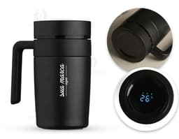 Caneca térmica 500ml com display LED, perfeita para manter sua bebida quente por mais tempo. Design contemporâneo em alumínio