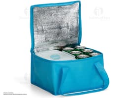 Bolsa térmica TNT 10L com manta térmica em formato de caixa de presente, feita de papel decorado com fita e laço. Ideal para