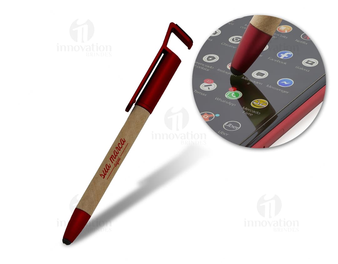 Caneta ecológica com suporte - Ideal para o seu escritório! Feita de material sustentável, essa caneta promove a