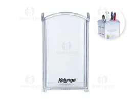 Porta Canetas feito de acrílico transparente com capacidade para até 10 canetas, visto de cima em uma mesa de escritório.