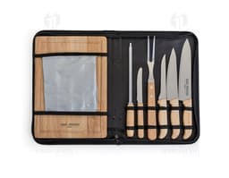 Kit churrasco 8 peças em case de couro retro. Conjunto de facas de aço inoxidável com design elegante e estilo vintage.