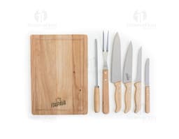 Kit Churrasco 8 peças em aço inoxidável com estojo de couro e design retrô. Ideal para os amantes do churrasco. Acessório de