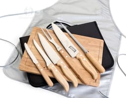 Kit churrasco 8 peças com faca de aço inoxidável, estojo de couro vintage e design elegante. Ideal para quem busca estilo e