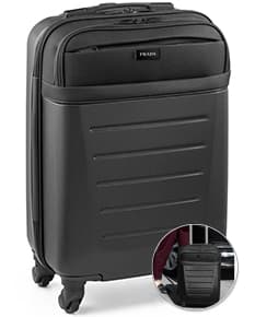 Mala de viagem moderna e prateada, aberta e vazia, com notebook, laptop, notebook, caixa, papel e objetos de trabalho, no