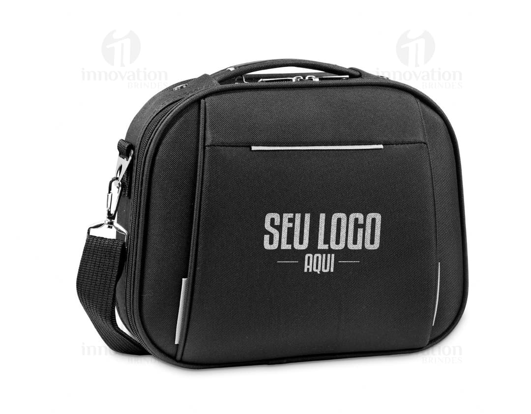 Mala de cosméticos de couro preto com alça e zíper, design moderno e elegante, ideal para viagens e transporte de acessórios