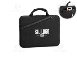Pasta de couro preta elegante, com alça e zíper, ideal para notebook de 14 polegadas. Perfeita para viagens de negócios e