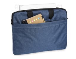 Pasta notebook preta de couro com alça, zíper e compartimentos, ideal para armazenar documentos e acessórios de forma
