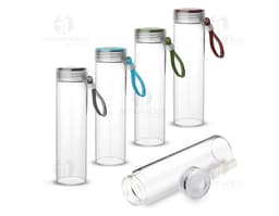 Squeeze de Vidro 500ml transparente com tampa de metal e parte interna de silicone.