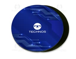 Mouse pad redondo de cor preta e design moderno, com símbolo de disco de vídeo no centro. Feito de material plástico e metal