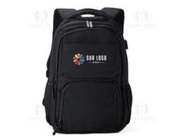Mochila USB 30 Litros em cor preta, com compartimento para laptop e porta USB para carregamento de dispositivos eletrônicos.