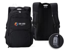 Mochila USB 30 Litros em cor preta, com compartimento para laptop e porta USB para carregamento de dispositivos eletrônicos.