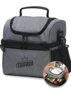 Bolsa térmica dupla de 16 litros em couro preto moderno com alça de mão e alça de ombro, fecho em zíper, bolso externo e