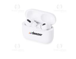 Fone de Ouvido Bluetooth com Case preto e prateado, design moderno e compacto. Possui botões de controle, conexão sem fio